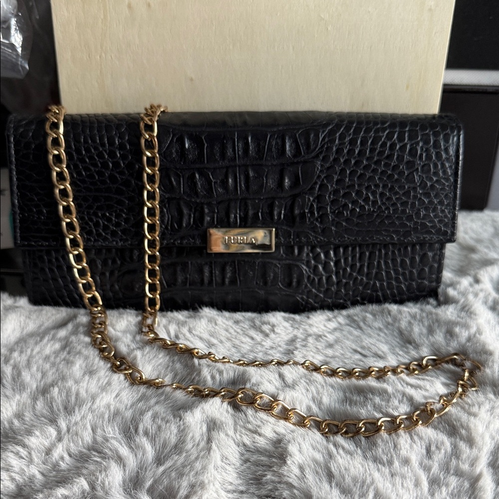 Furla Black Croc-Embossed Long Phone Wallet